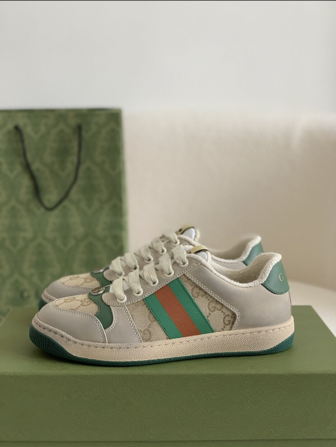 Gucci Screener Sneaker – Beige & Grey Leather with Green/Orange Web CUSTOM