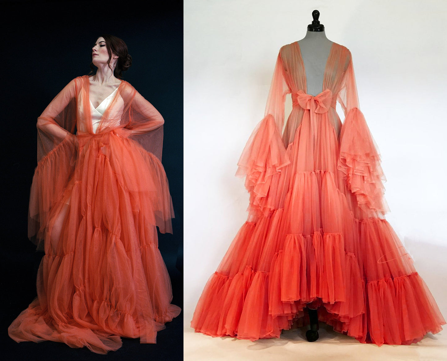 Tulle Ruffled Sleeves Layered Fringe Long Robe Dress SelenaHuanStudio