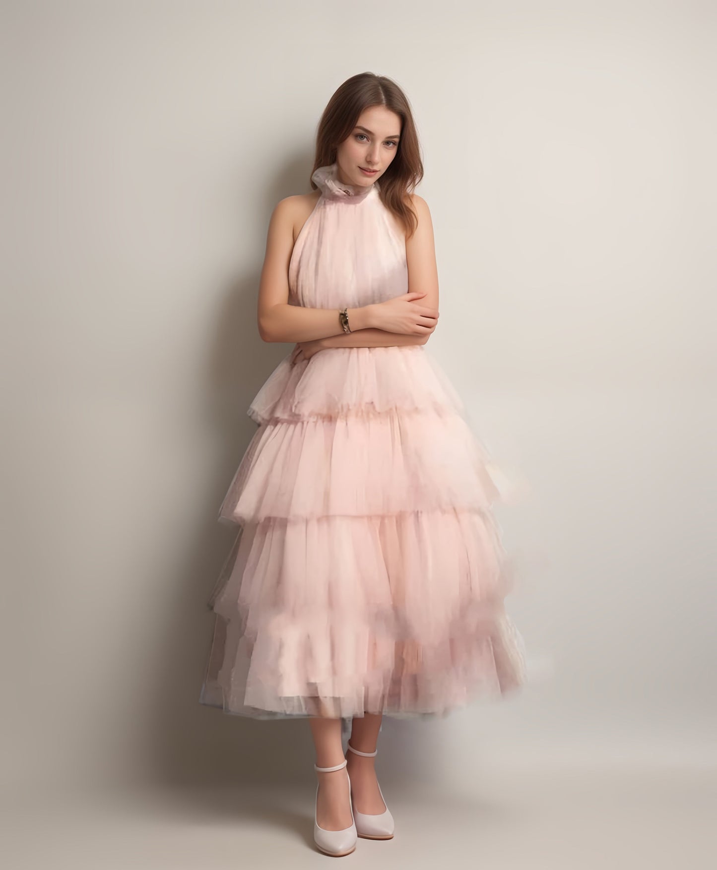 Ruffle Layered tulle Hem Haltered A-line tutu French style long prom dress SelenaHuanStudio