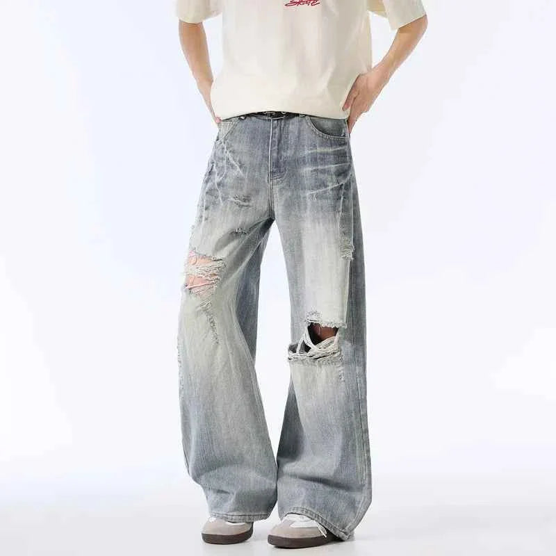 Versatile Y2K High Waist Ripped Baggy Jeans - Distressed Wide-Leg Denim