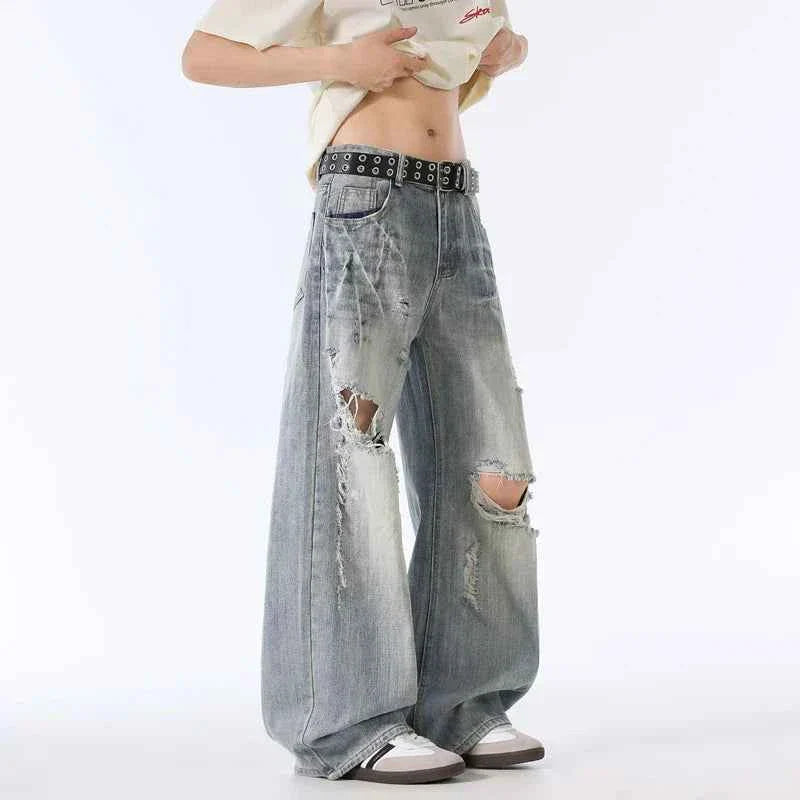 Versatile Y2K High Waist Ripped Baggy Jeans - Distressed Wide-Leg Denim