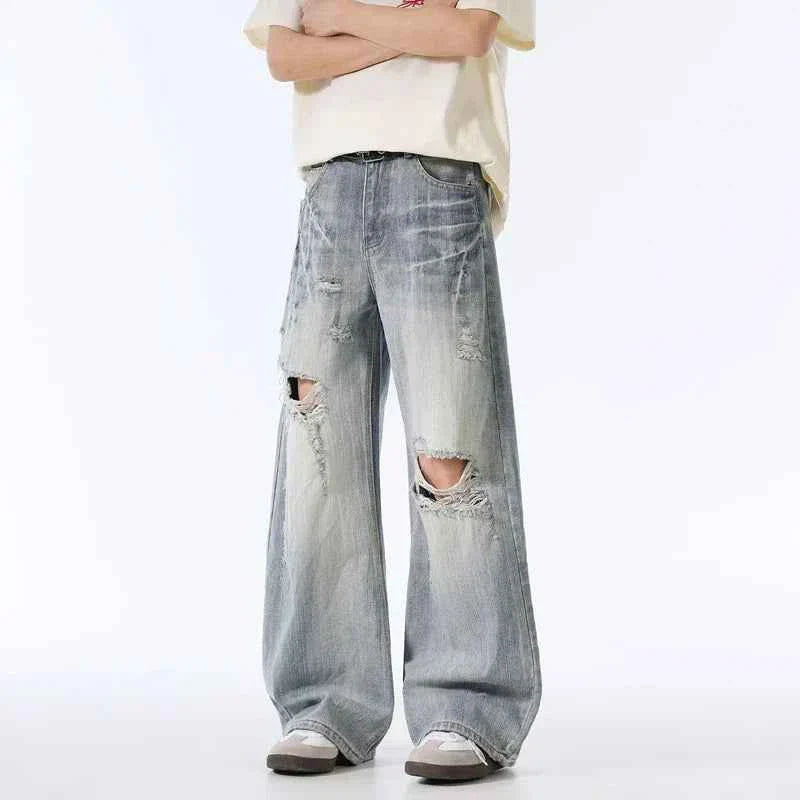 Versatile Y2K High Waist Ripped Baggy Jeans - Distressed Wide-Leg Denim