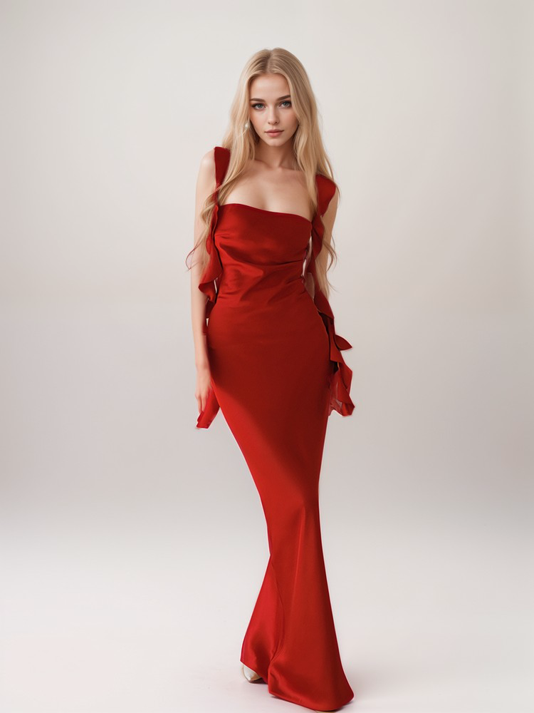 Sexy ruffled straps tie back pleated bodice sheath silky satin prom dress SelenaHuanStudio