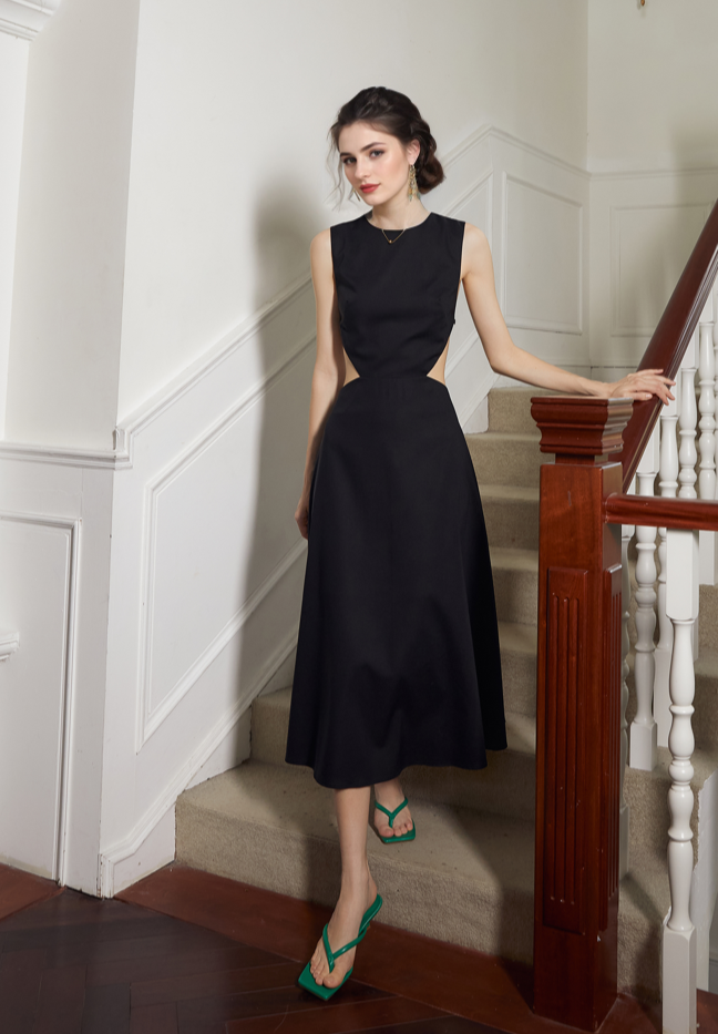 Timeless Elegance Backless Satin Midi Dress with Intricate Cutout SelenaHuanStudio