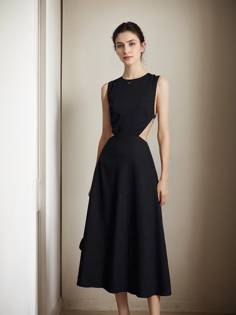 Timeless Elegance Backless Satin Midi Dress with Intricate Cutout SelenaHuanStudio