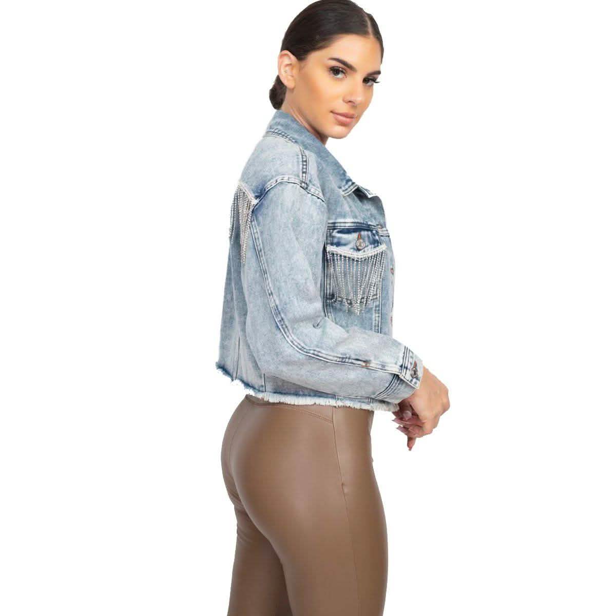 Accented Rhinestones Pocketed Denim Jacket DailySale