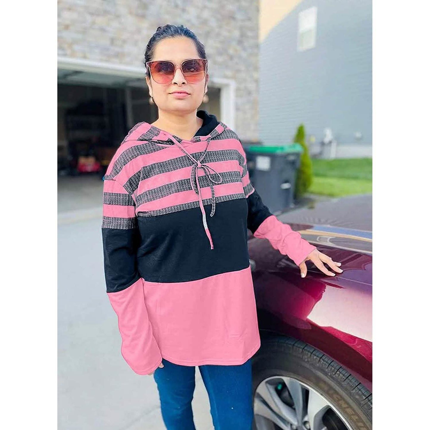Actloe Women Long Sleeve Striped Color Block Casual Hoodies DailySale