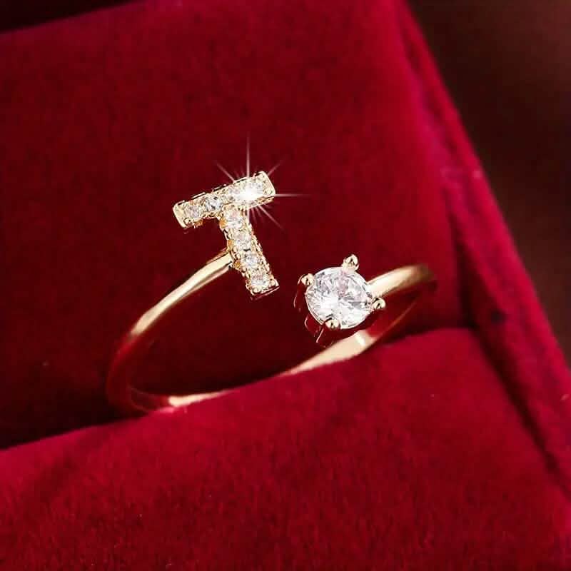 Adjustable Copper Initial Ring with Four-Claw Round Zirconia DailySale