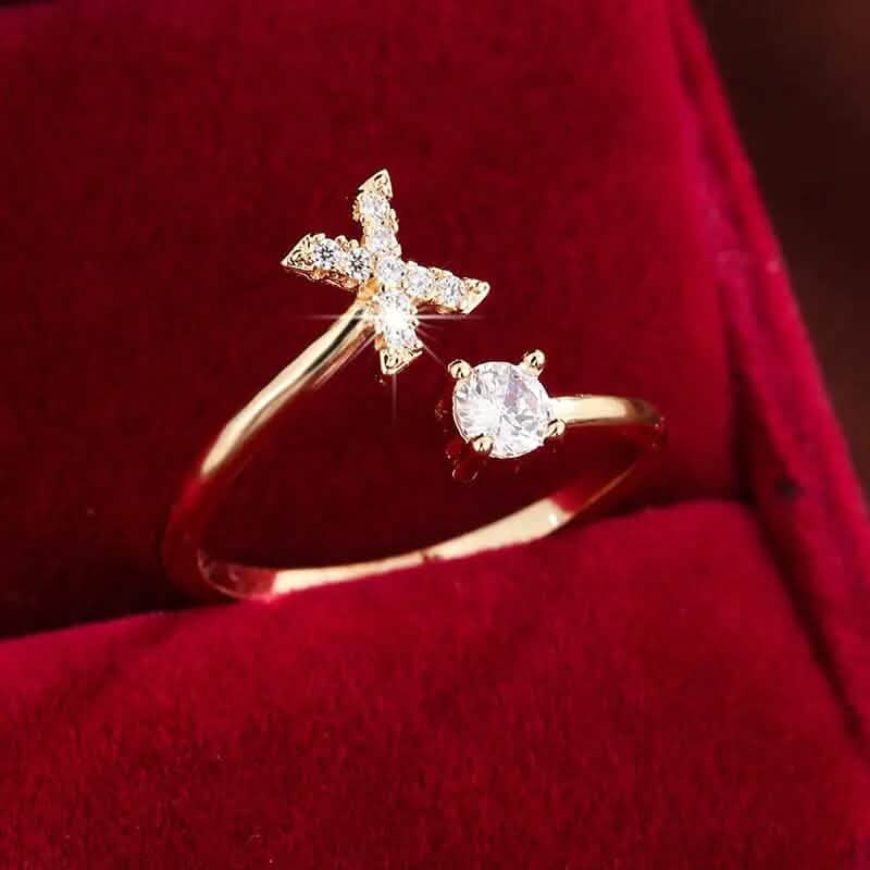 Adjustable Copper Initial Ring with Four-Claw Round Zirconia DailySale