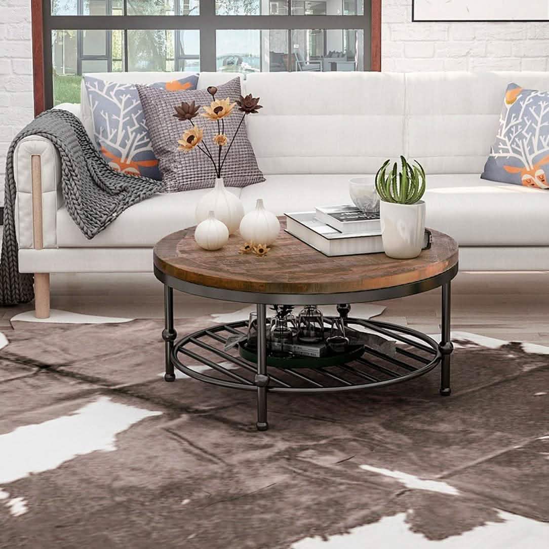 Antique Natural Coffee Table with Living Room Storage Rack DailySale