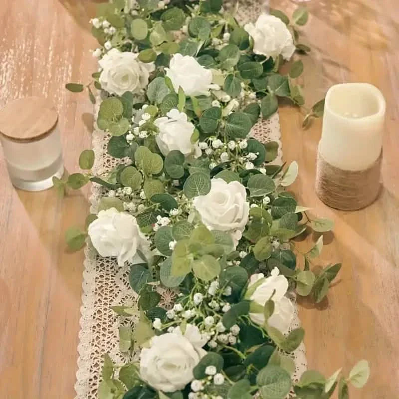 Artificial Eucalyptus Garland With Fake Roses & Gypsophila, Faux Floral Greenery DailySale