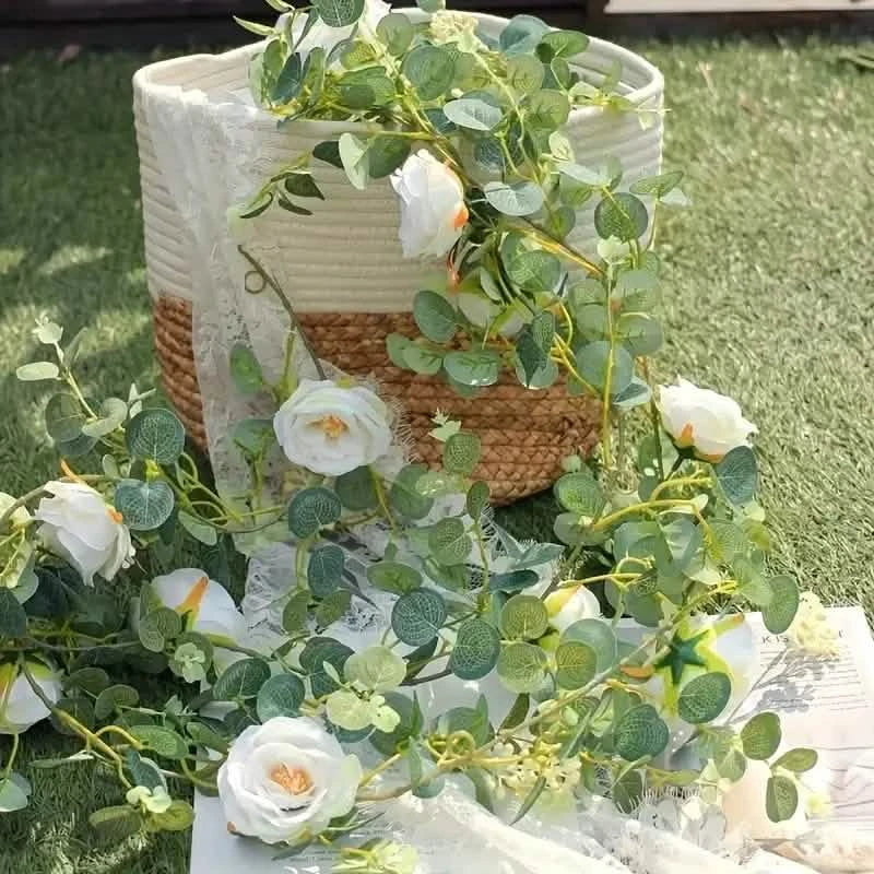 Artificial Eucalyptus Garland With Fake Roses & Gypsophila, Faux Floral Greenery DailySale