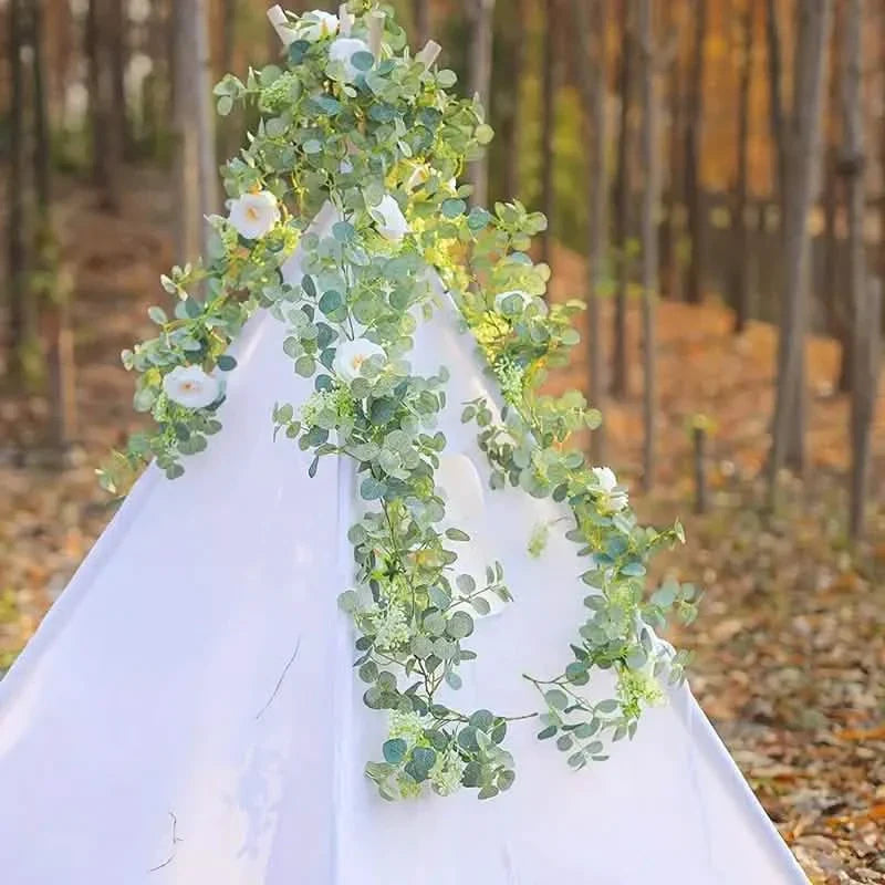 Artificial Eucalyptus Garland With Fake Roses & Gypsophila, Faux Floral Greenery DailySale