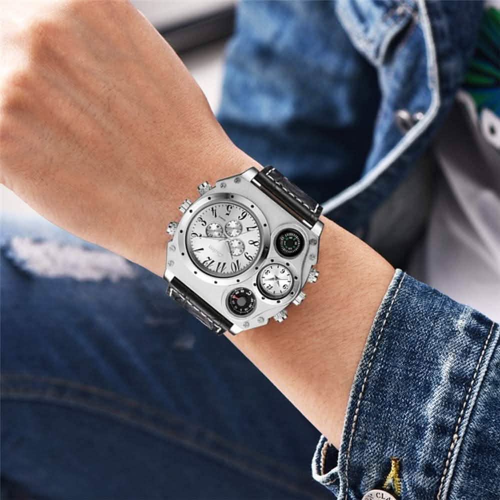Avaner Mens Big Face Dual Time Zone Leather Strap Sport Watch DailySale