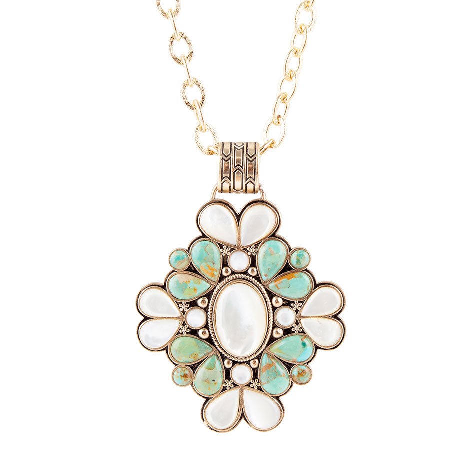 Barcelona Blue Turquoise and Mother of Pearl Golden Statement Necklace Barse Jewelry