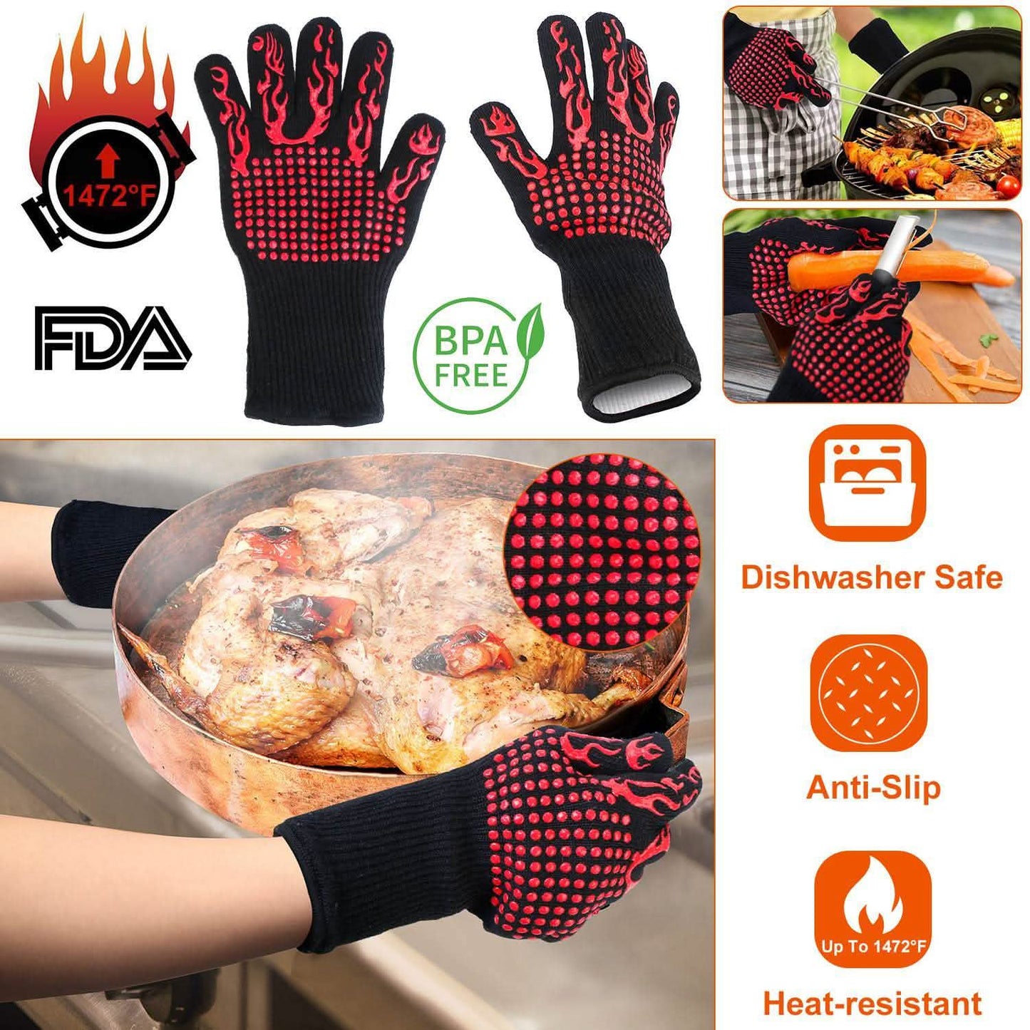 BBQ Gloves 1472°F Heat Resistant Grill Gloves Anti-slip DailySale