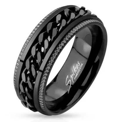 Black IP Grooved Edge Center Chain Stainless Steel Spinner Ring DailySale