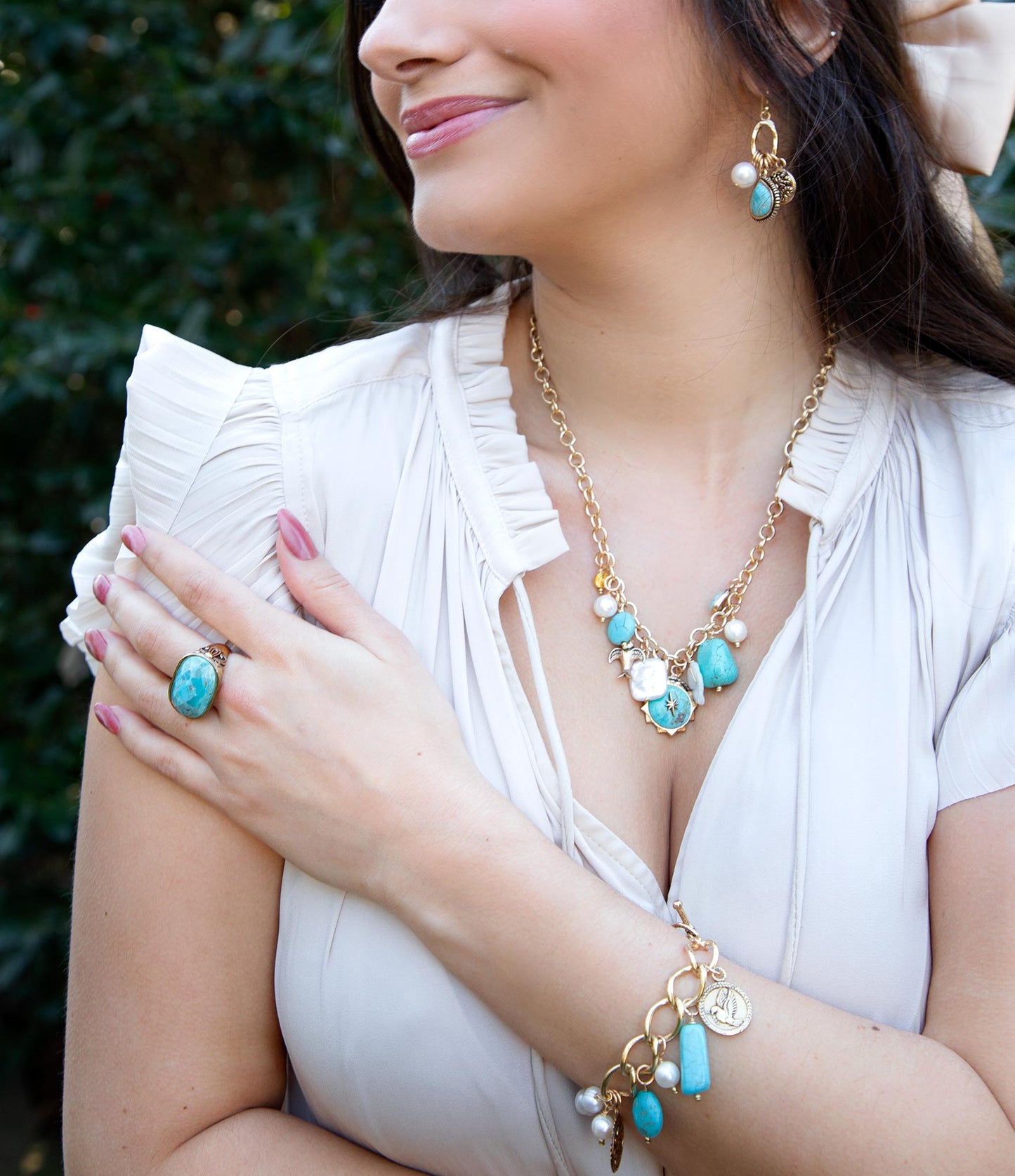 Blue Turquoise and White Pearl Multi Charm Golden Necklace Barse Jewelry