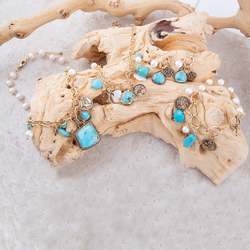 Blue Turquoise and White Pearl Multi Charm Golden Necklace Barse Jewelry