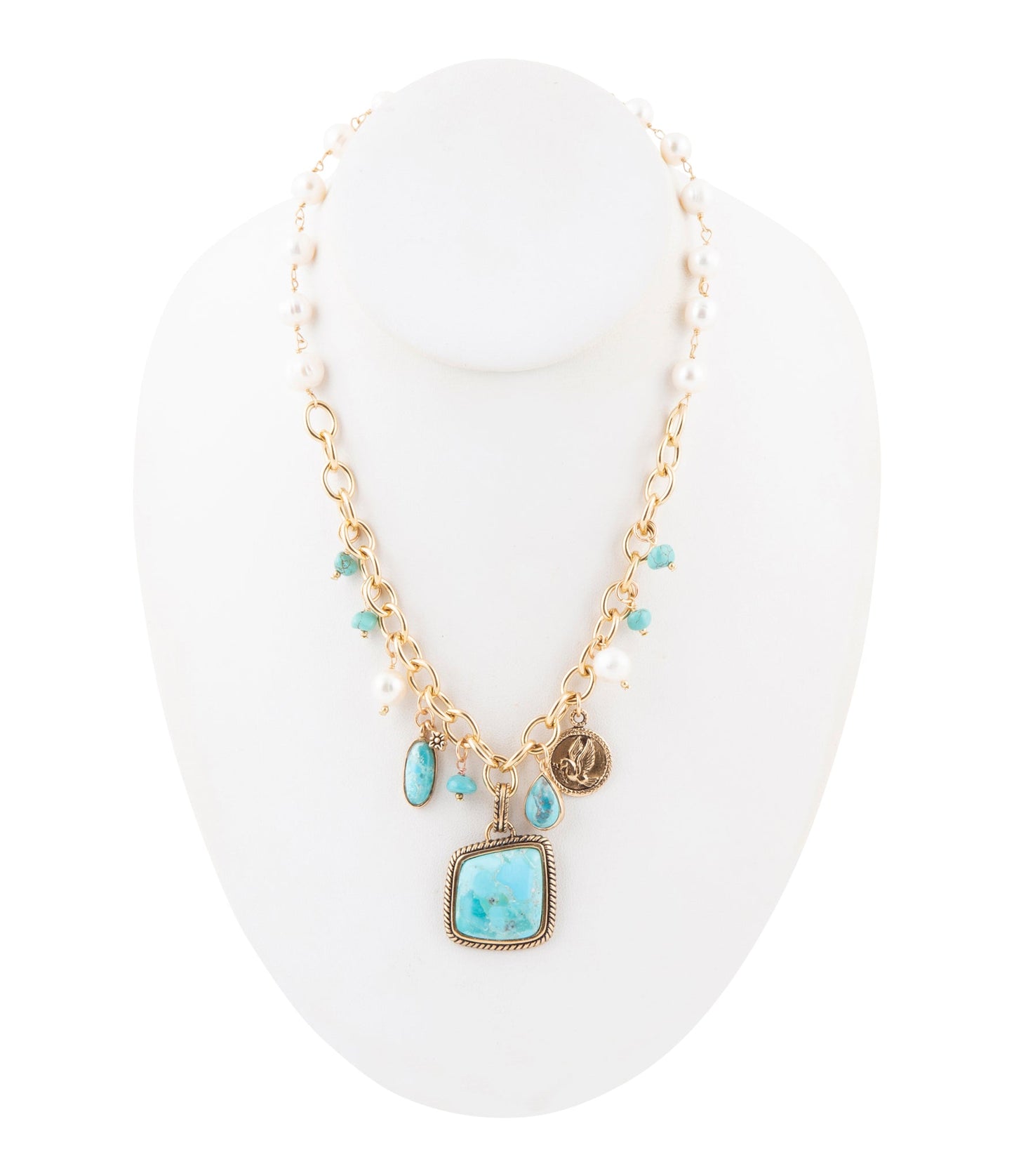 Blue Turquoise and White Pearl Multi Pendant Golden Necklace Barse Jewelry