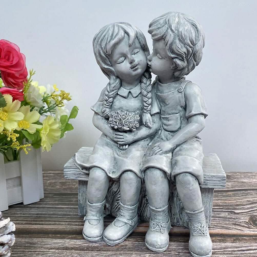 Boy Kissing Girl Statue Sitting on Bench Figurine DailySale