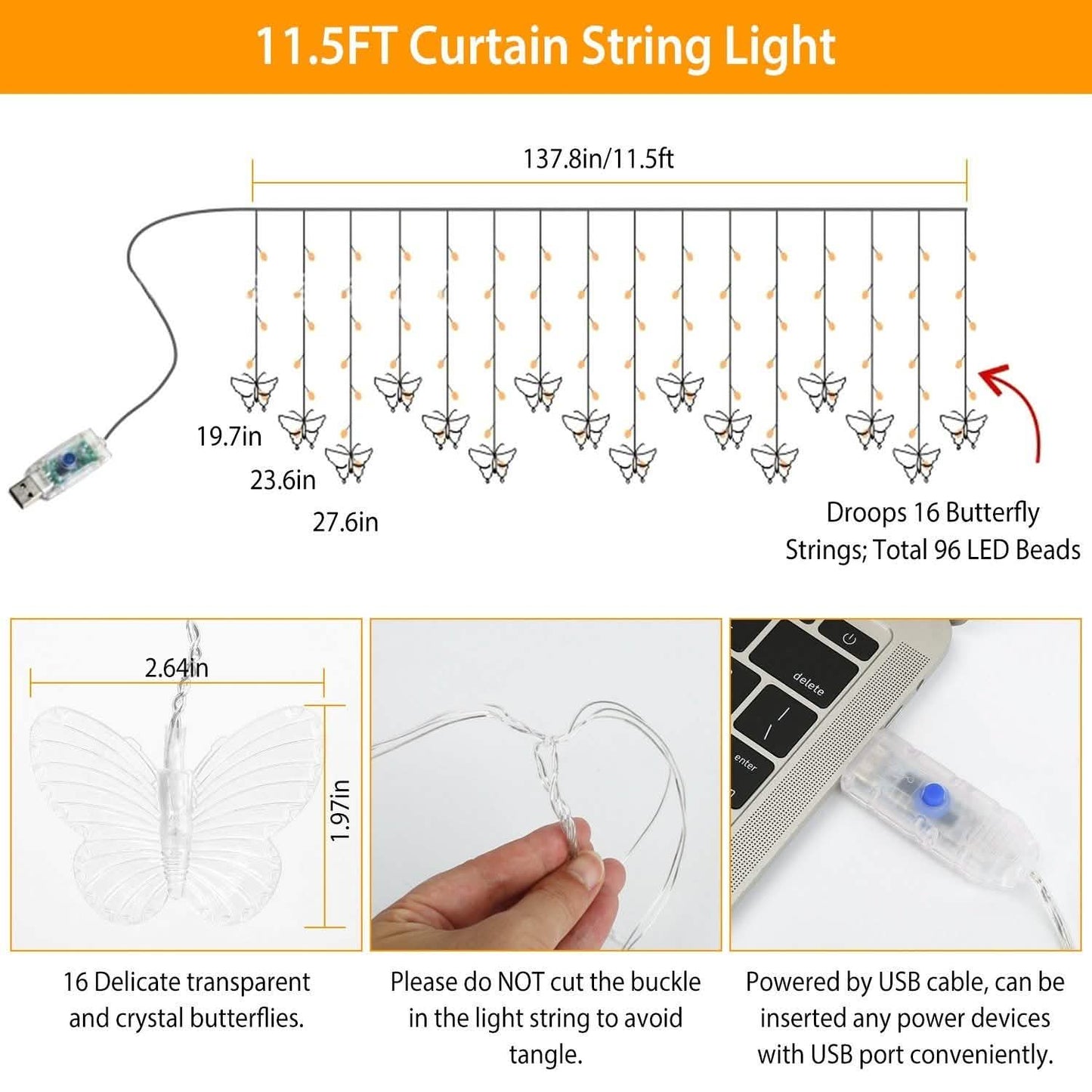 Butterfly Curtain String Lights USB Powered with 8 Modes 96 LED Remote Control DailySale