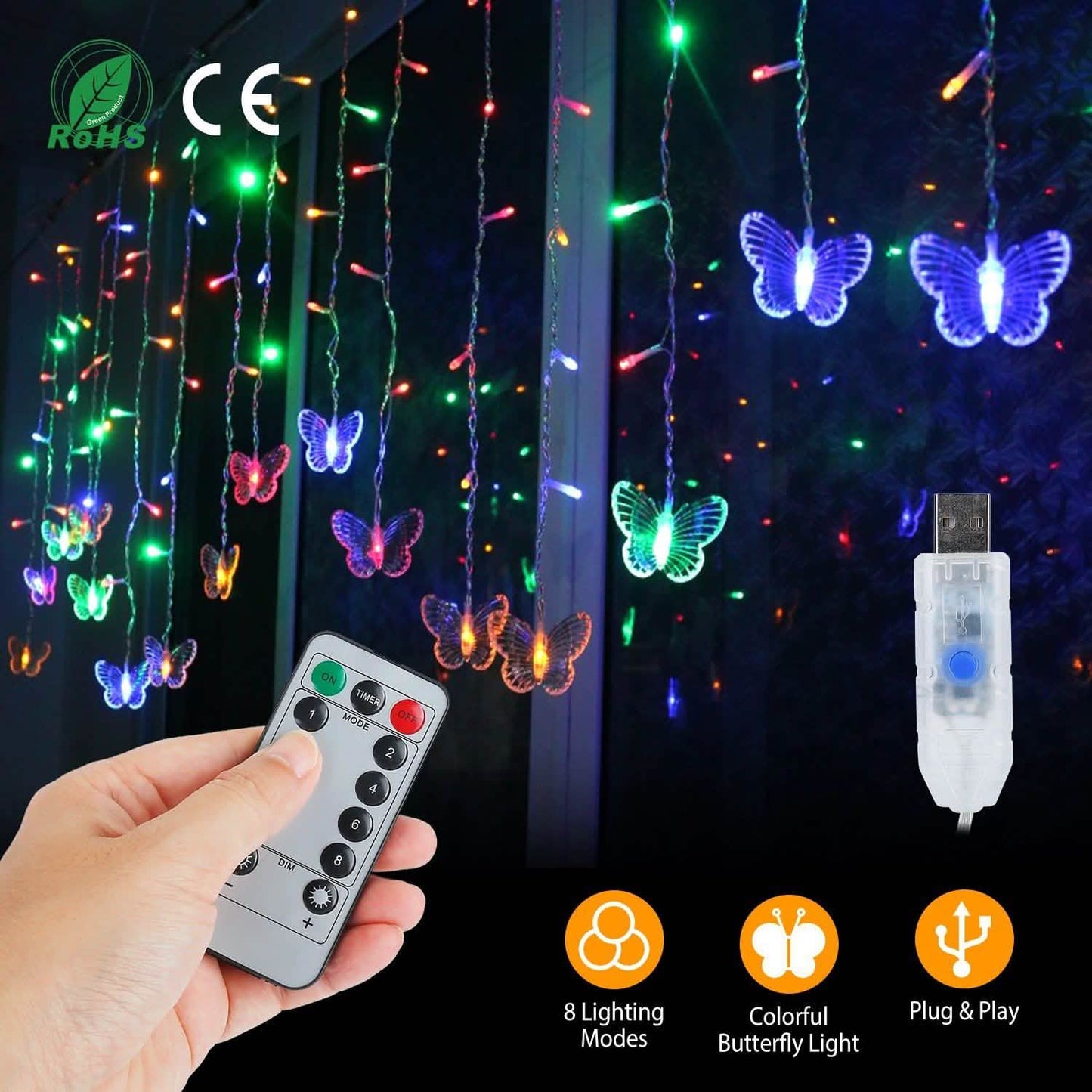 Butterfly Curtain String Lights USB Powered with 8 Modes 96 LED Remote Control DailySale