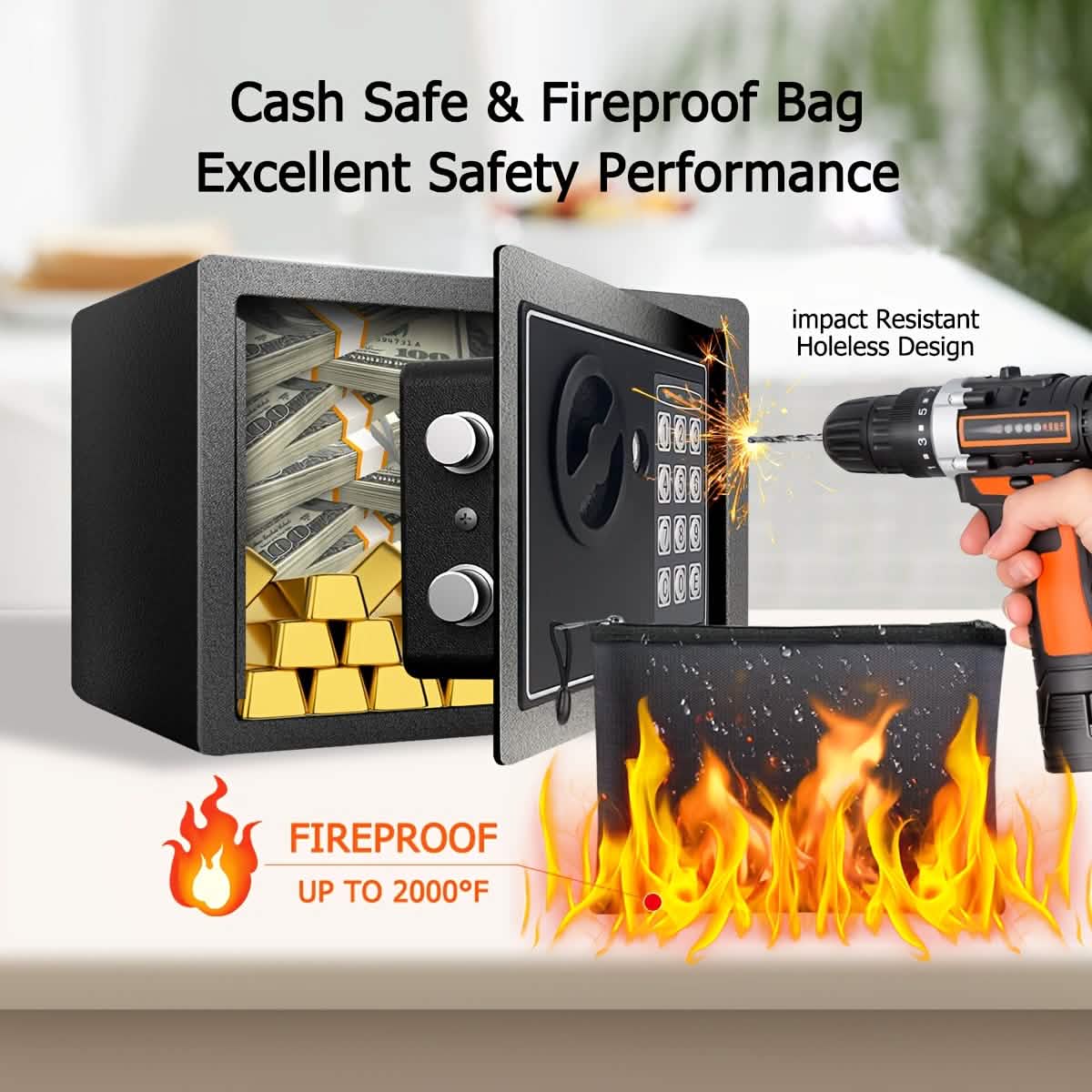 Fireproof Digital Home Safe with Keypad, Sensor Light & Money Bag-Silver DailySale
