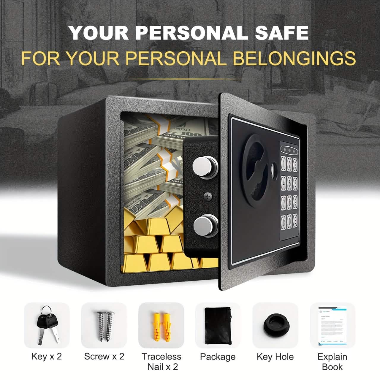 Fireproof Digital Home Safe with Keypad, Sensor Light & Money Bag-Silver DailySale