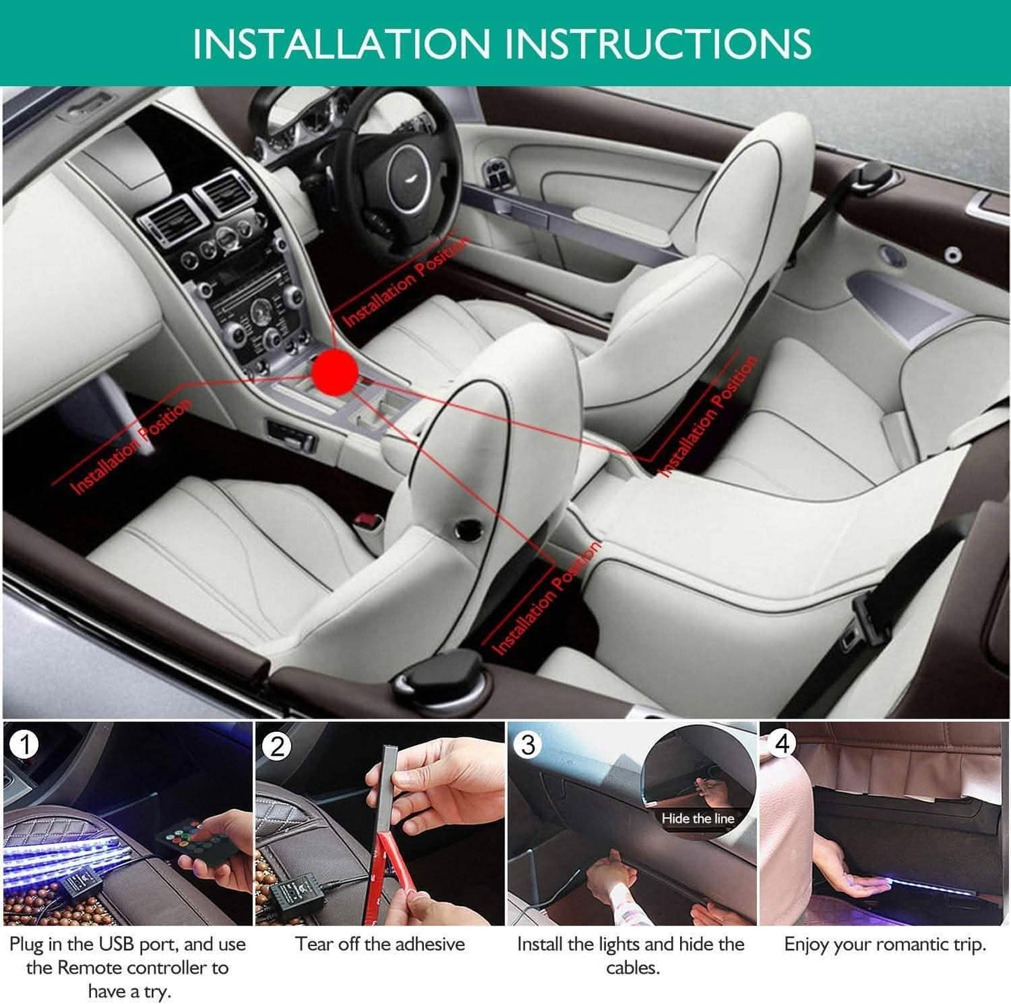 Car LED Strip Lights with Sound Active Function and Remote Controller DailySale