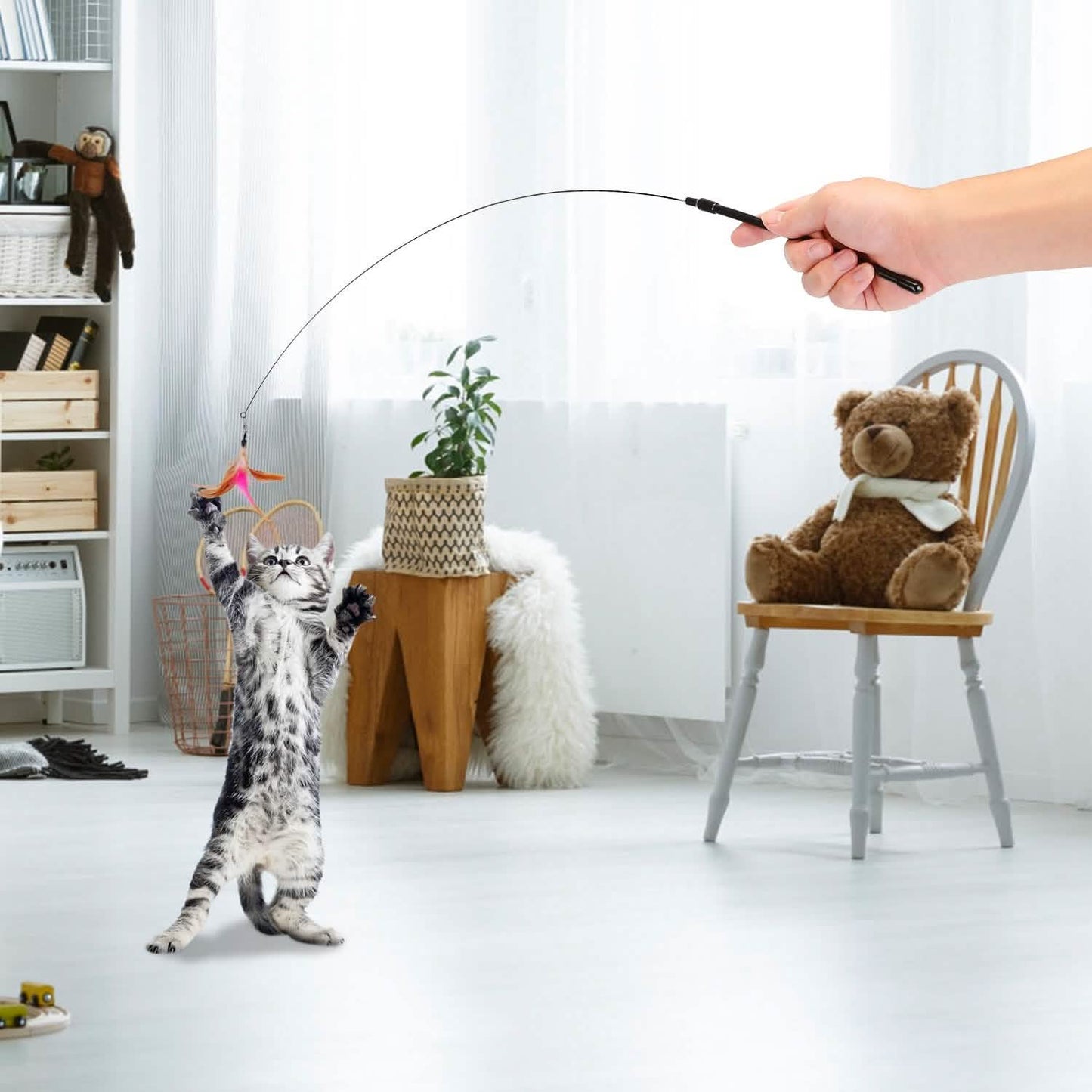 Cat Feather Wand Rod with 12 Pieces Feather Replacements for Cats DailySale