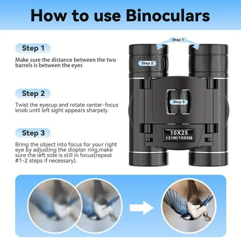 High Powered Mini Pocket Binoculars 10x25 with Phone Adapter – Compact, Lightweight, Portable – Black DailySale