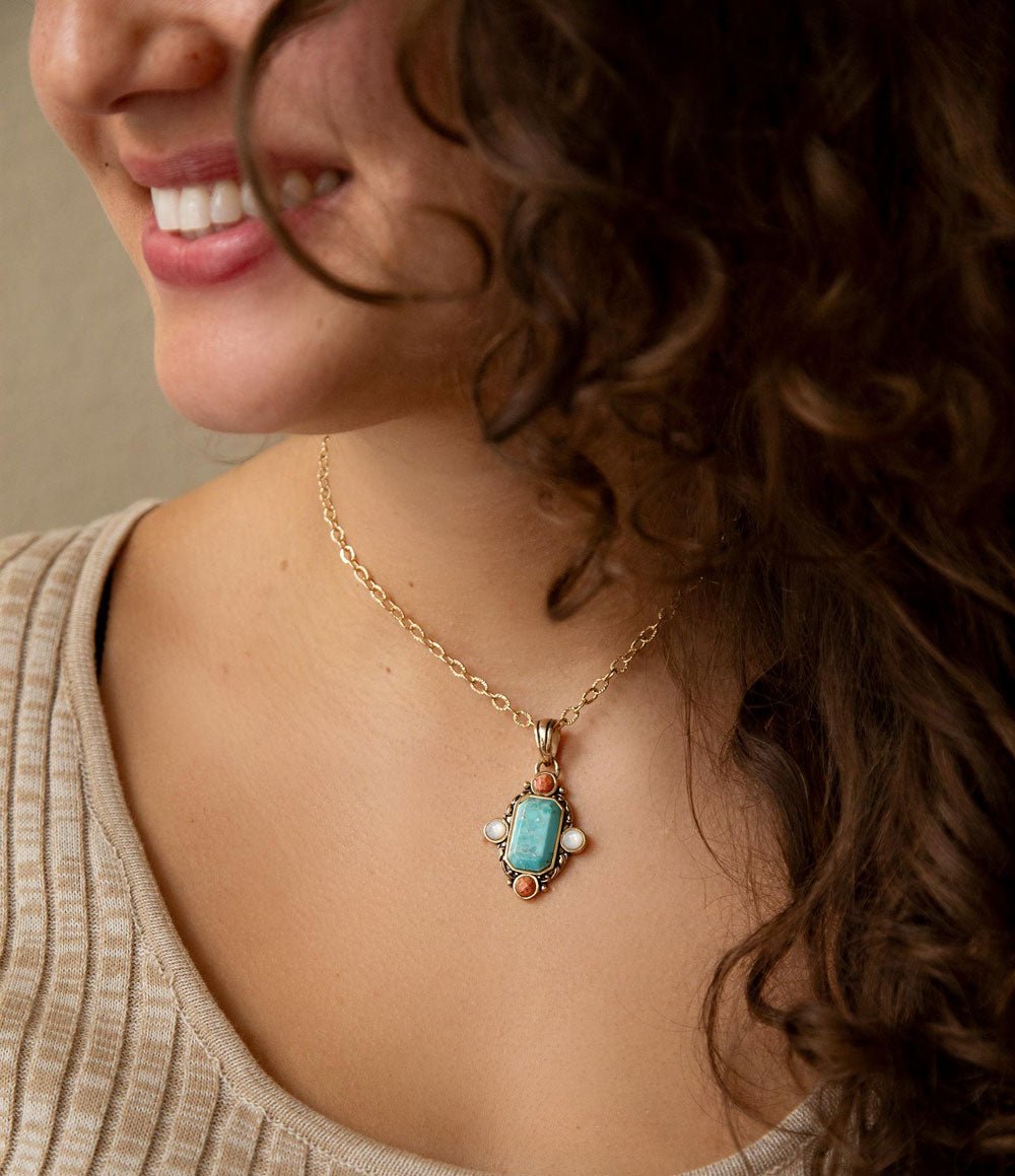 Champs Blue Turquoise and Orange Coral Golden Pendant Necklace Barse Jewelry