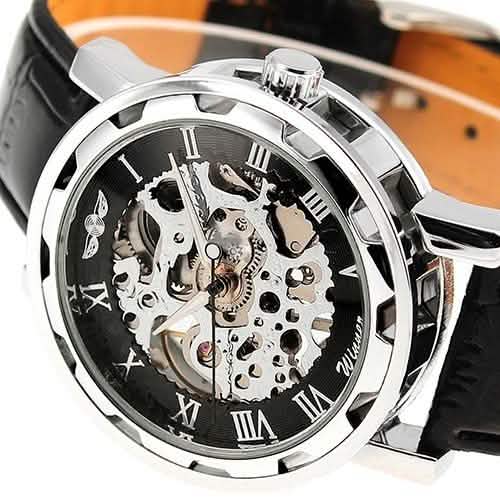 Classic Men's Black Leather Band Skeleton Mechanical Sports Army Wrist Watch DailySale