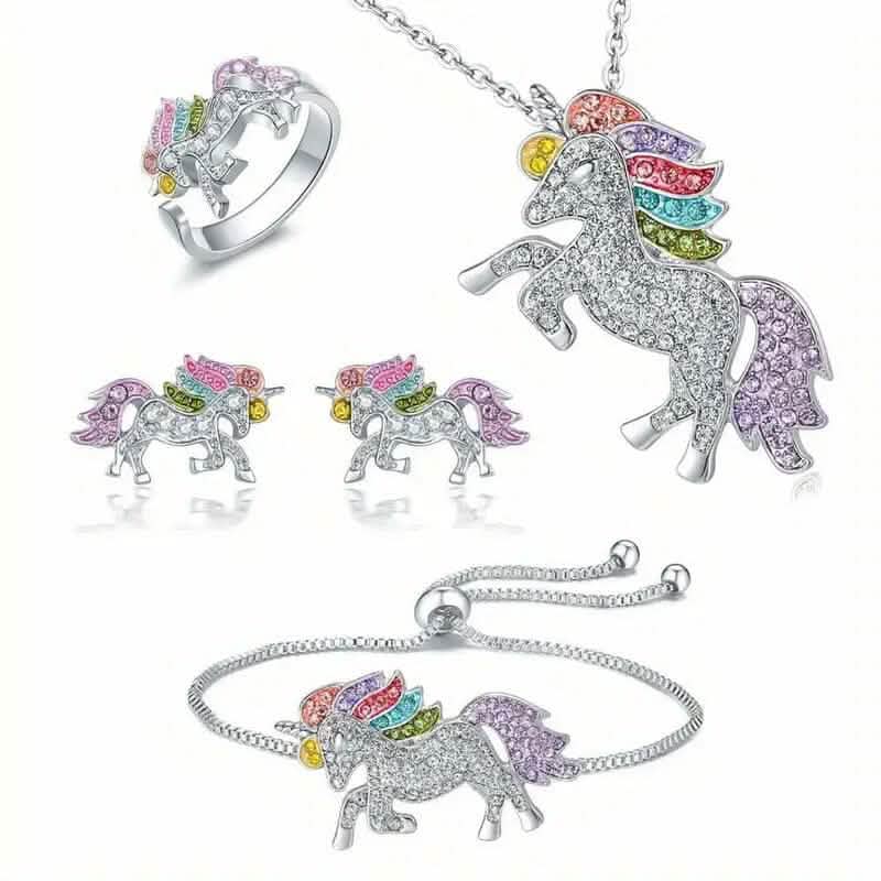 Colorful Cartoon-Themed Unicorn Earrings, Necklace, Ring & Bracelet Jewelry Set DailySale