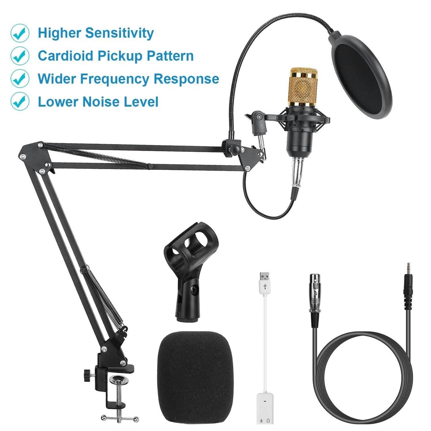 Condenser Microphone Bundle Shock Mount with Adjustable Boom Arm Sound Card DailySale