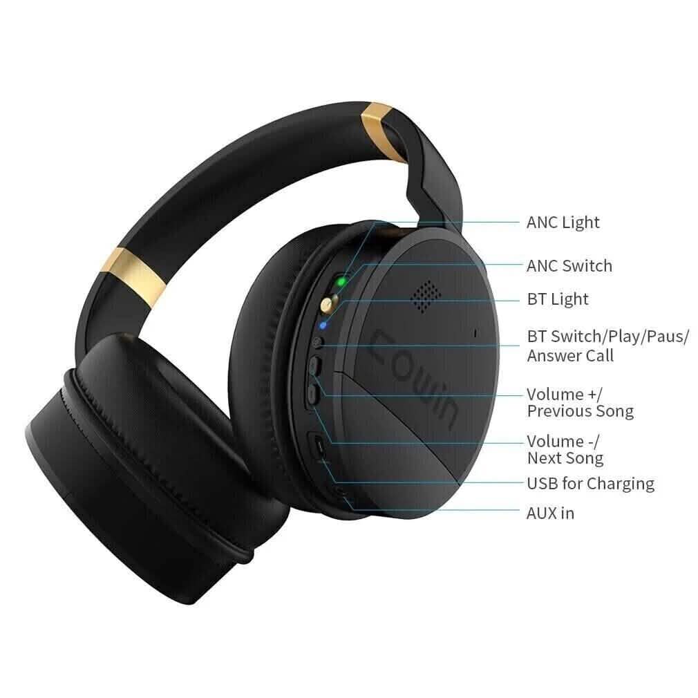COWIN E8 Active Noise Cancelling Bluetooth Wireless Headphones Black & Gold (Refurbished) DailySale
