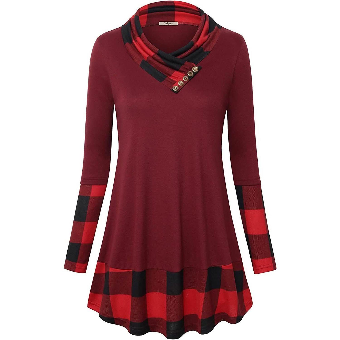Cowl Neck Long Sleeve Patchwork Top DailySale