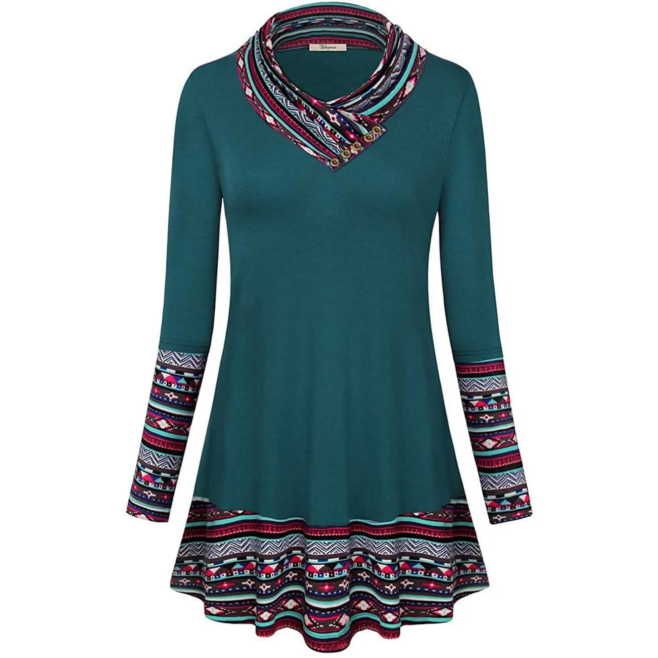 Cowl Neck Long Sleeve Patchwork Top DailySale
