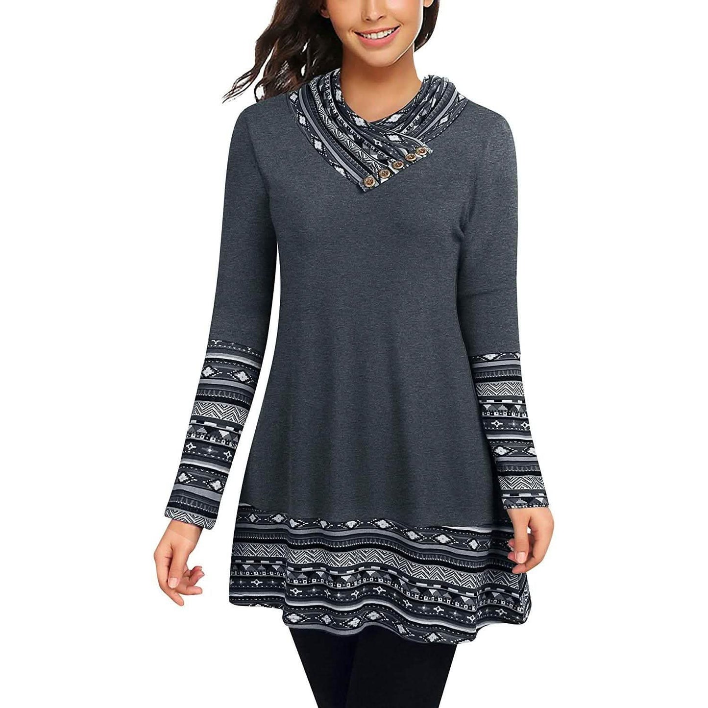 Cowl Neck Long Sleeve Patchwork Top DailySale