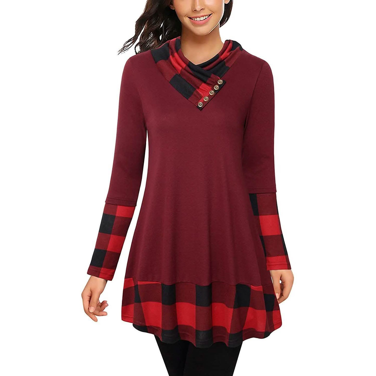 Cowl Neck Long Sleeve Patchwork Top DailySale