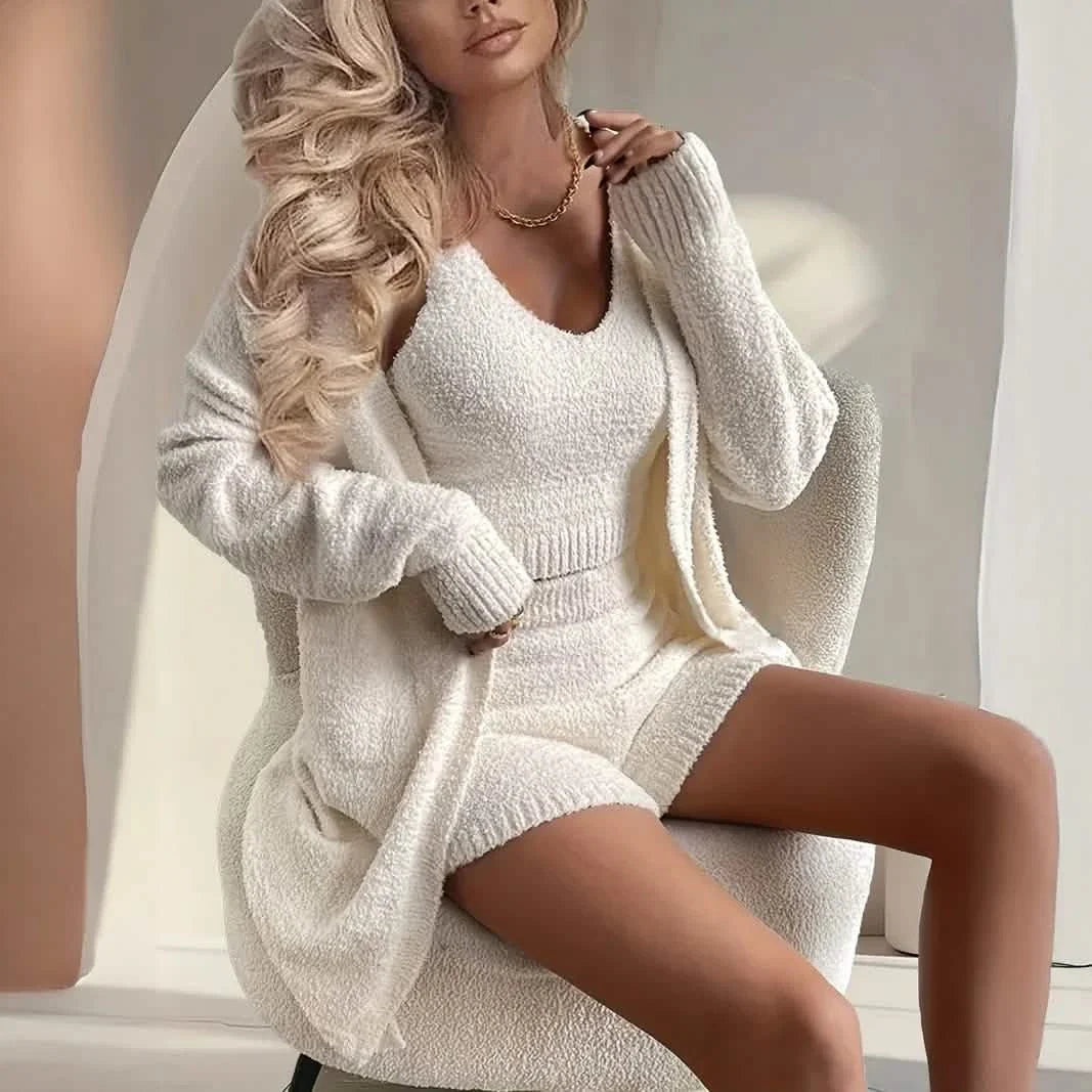 Cozy Women's Fleece Long Sleeve Cardigan Lounge Set, V Neck Tank Top and Shorts DailySale