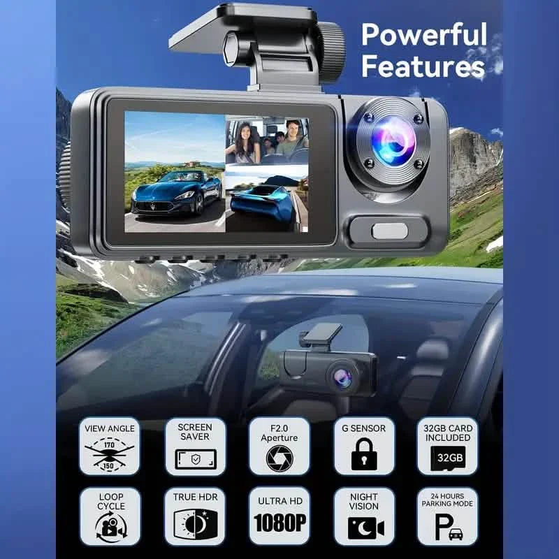 1080P Triple Dash Cam Front, Inside and Rear with 32GB Card, Night Vision, HDR & More DailySale