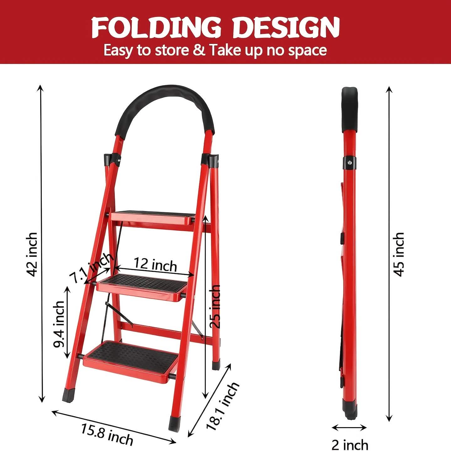 Folding 3/4-Step Ladder – Portable Steel Step Stool, Anti-Slip DailySale