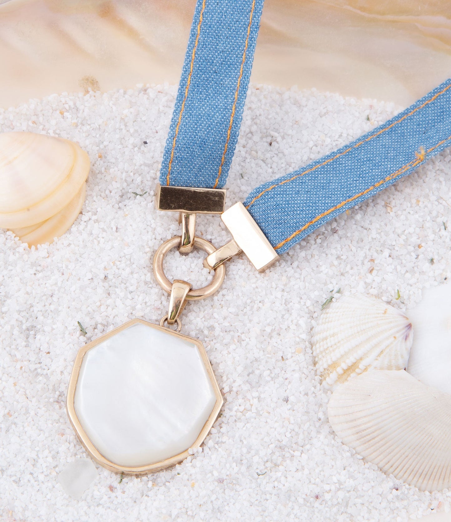Blue Denim Dreams White Mother of Pearl Ribbon Golden Pendant Necklace Barse Jewelry