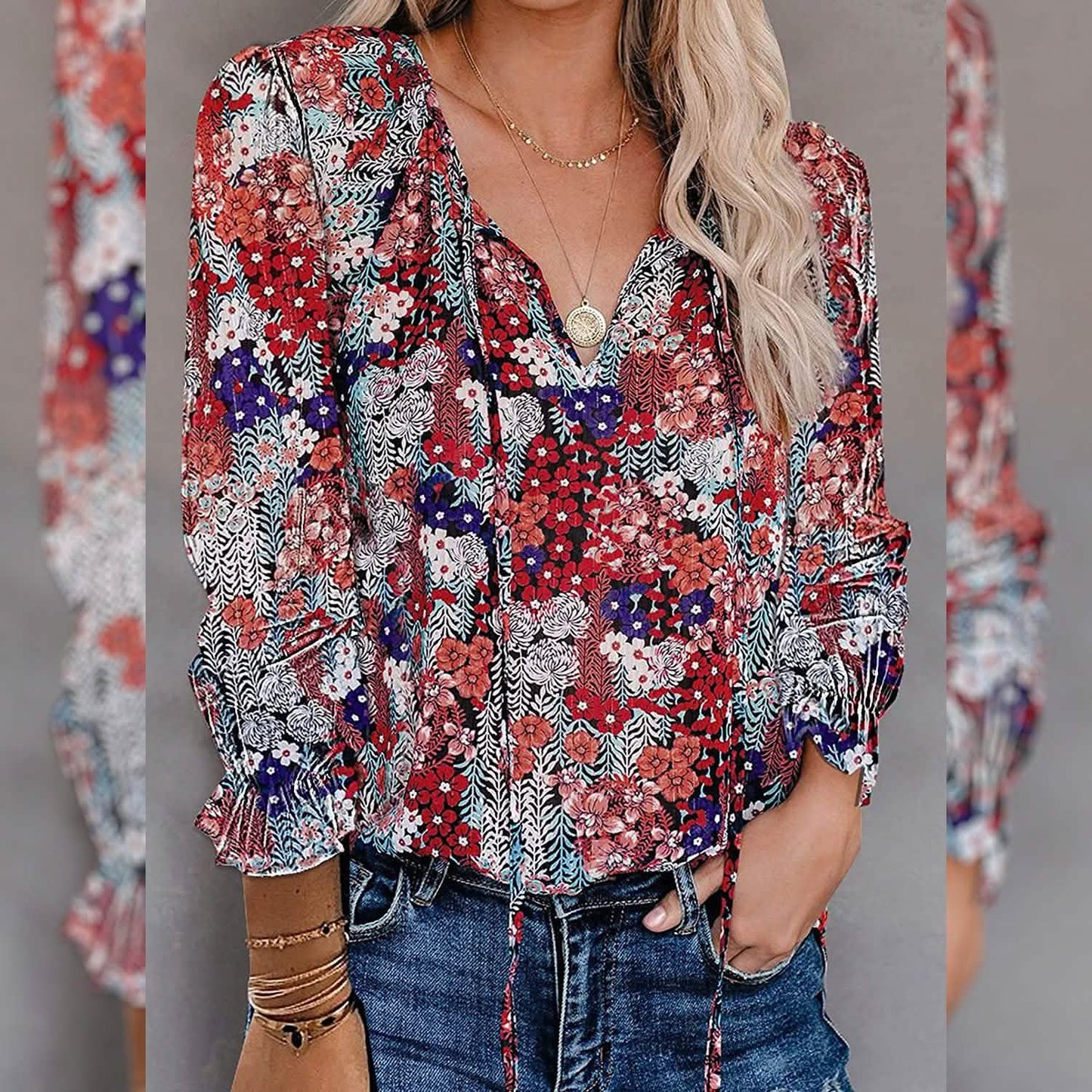 Dokotoo Women's Casual Boho Floral Printed V-Neck Top DailySale