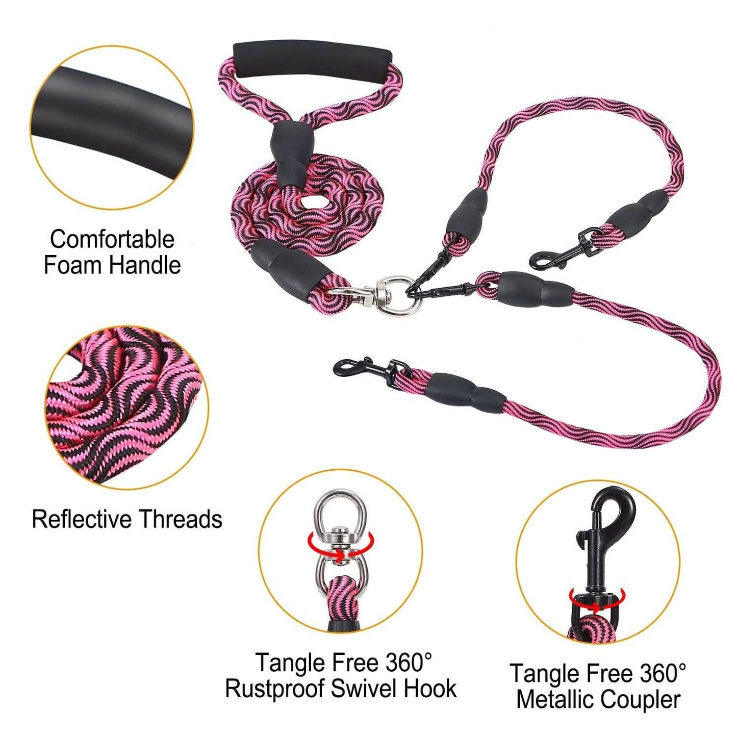Double Dog Leash No-Tangle with Swivel Coupler Padded Handle DailySale