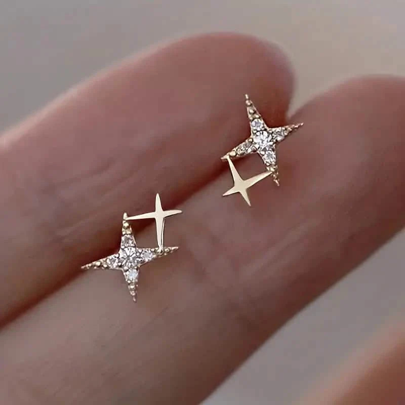 Double Star Design Stud Earrings Inlaid Zirconia DailySale