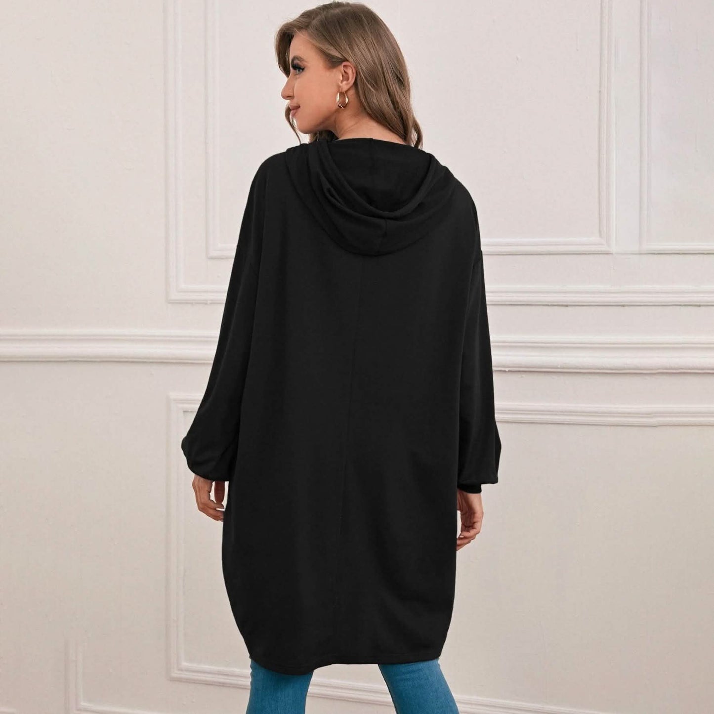 Drop Shoulder Dip Hem Thermal Longline Hoodie DailySale