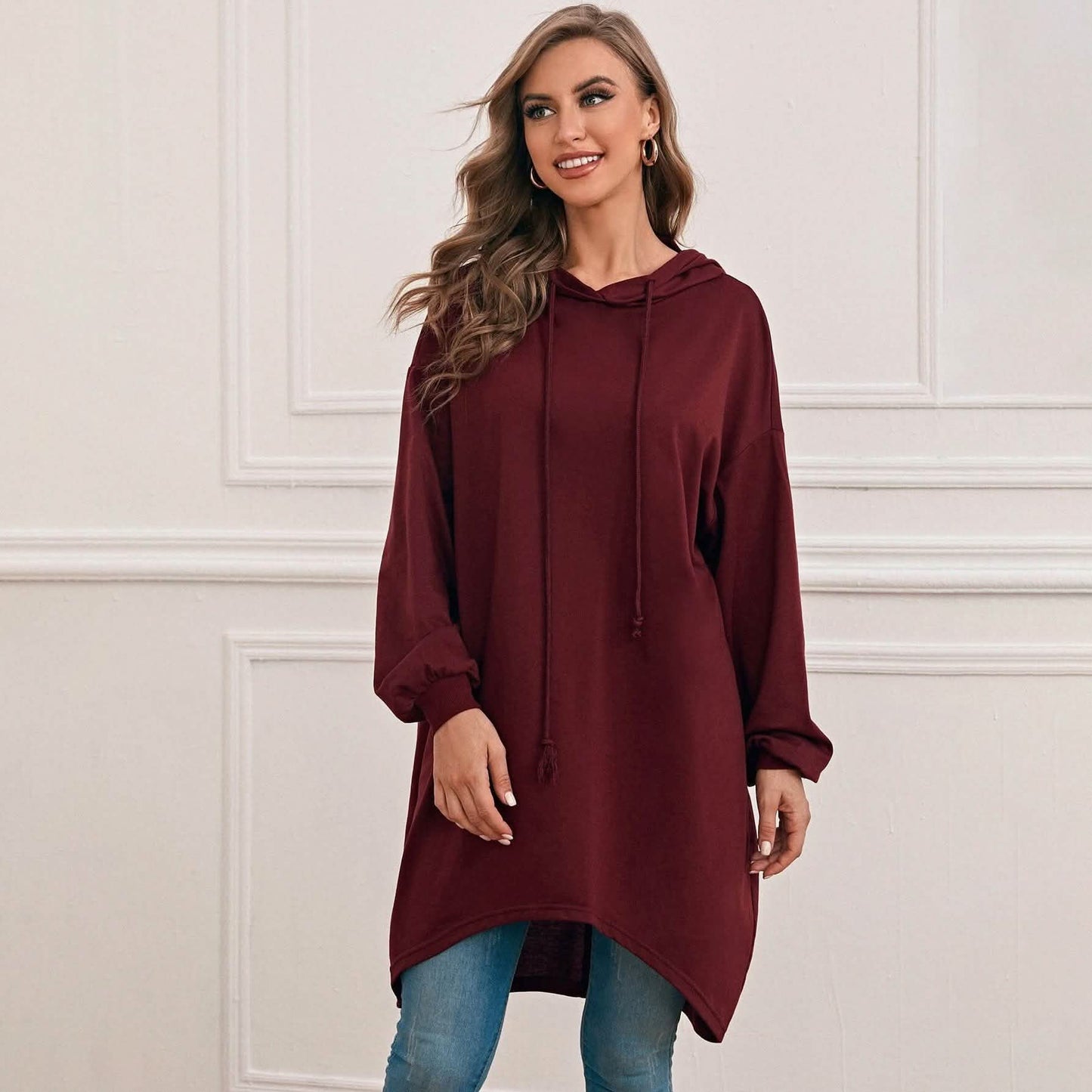 Drop Shoulder Dip Hem Thermal Longline Hoodie DailySale